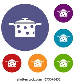 Saucepan with white dots icons set in flat circle reb, blue and green color for web