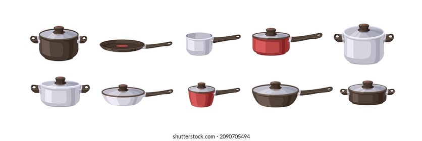 Saucepans, Bratpfannen, Suppentöpfe, Soße, Stewpot und Skilettenset. Metall-, Aluminium-, Stahl-Küchengeschirr mit Glasverkleidung. Kochutensilien. Flache Vektorgrafiken einzeln auf weißem Hintergrund