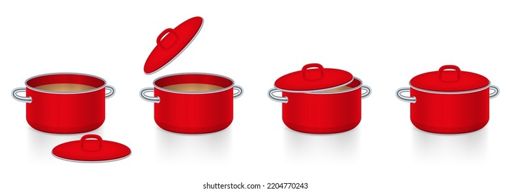 Saucepot with lid, put away, take of, slighty open, and covered. Red enamel cooking pots with different uses of the lid to save energy and to cook faster. Isolated vector on white background.