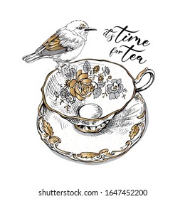 Сup and saucer with gold and silver floral decor. A bird sits on the edge of a porcelain. It's time for tea - lettering quote. Romantic card composition, hand drawn style print. Vector illustration.