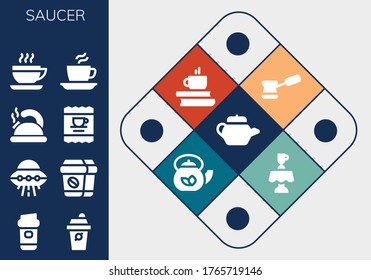 saucer icon set. 13 filled saucer icons.  Simple modern icons such as: Tea pot, Coffee, Ufo, Teapot, Latte