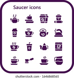 saucer icon set. 16 filled saucer icons. Included Tea pot, Coffee, Teapot, Coffee pot icons