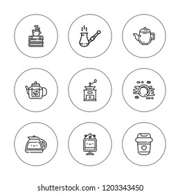 Saucer icon set. collection of 9 outline saucer icons with coffee mill, coffee icons. editable icons.
