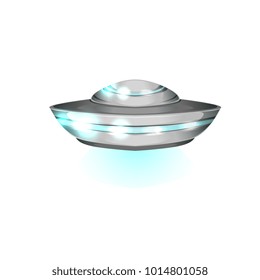 Saucer shaped flying craft. Futuristic extraterrestrial space ship. Detailed metallic or silver UFO with blue lights. Alien theme. Colorful flat vector design
