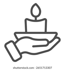 Pires com velas de cera no ícone de linha de mão, conceito de salão de spa. Gráficos vetoriais. Mão com luz de velas de aroma, sinal de terapia no fundo branco, ícone de estilo de contorno para design móvel ou web