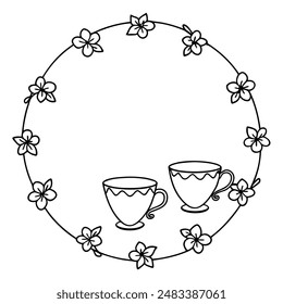 Saucers with Garland of Small Blossoms and Leaves Line Art