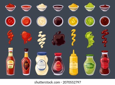 Sauces bottle and bowls, hot chili, mustard, bbq, splash strips, soy sauce, ketchup, mayonnaise, wasabi, drops and spots. Vector illustration.