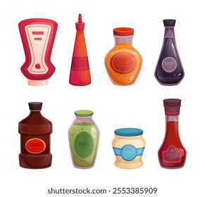 Sauces bottles. Mayo ketchup hot liquid spicy for cooking exact vector cartoon bottles and jars for different types of sauces