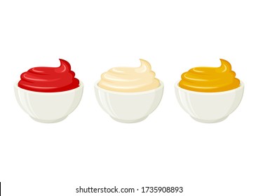 Sauces bowls. Ketchup, mayonnaise, mustard. Vector illustration