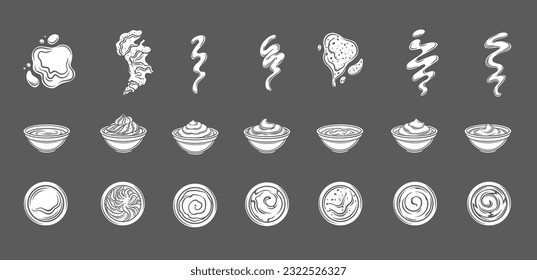 Sauces in bowls and splashes glyph icons set vector illustration. White stamps of sauces in glass cups and stains collection isolated on black, spilled strips and drops, top and side view of ramekins