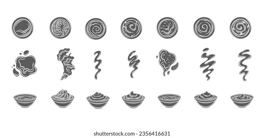 Saucen in Schalen und Splash Glyph-Symbole setzen Vektorgrafik. Stempel aus BBQ, Soja und scharfe Chilisaußen in gläsernen runden Tassen, Senf und Ketschup, Mayonnaise und Wespabi-Paste verschüttete Flecken