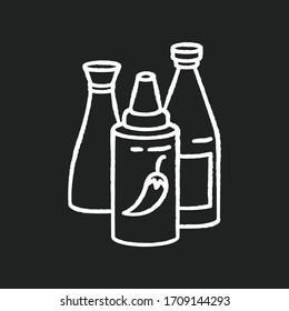 Sauces chalk white icon on black background. Ketchup in bottle. Condiment for barbecue cooking. Recipe ingredient. Meal dressings. Tabasco seasoning in bottle. Isolated vector chalkboard illustration