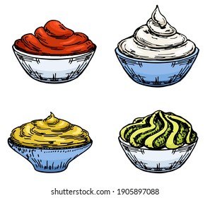 Sauces colored sketch set. Mayonnaise, ketchup, mustard, wasabi in saucers. Various sauces in cups. Food icons sketch vector illustration isolated on white background.