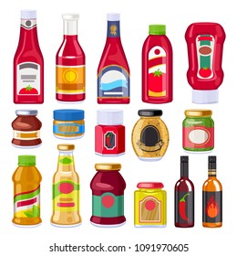 Sauces and dressings bottles set. Ketchup, mayonnaise and mustard. Good fro supermarket design.
