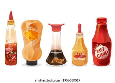 Sauces and dressings in glass and plastic bottles. Ketchup, mayonnaise, mustard, hot chilli, cheese and soy seasoning in package. Vector cartoon set of different sauces isolated on white background