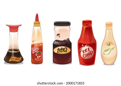 Sauces and dressings in glass and plastic bottles isolated on white background. Ketchup, mayonnaise, bbq, hot chilli and soy seasoning in package. Vector cartoon set of different sauces