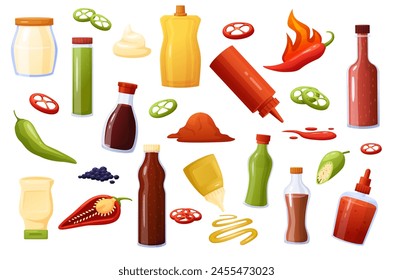 Sauces elements. Spicy sauce, hot chilli, soy and wasabi. Peppers slices and powder, mustard drops. Different bottles and spices, nowaday vector clipart