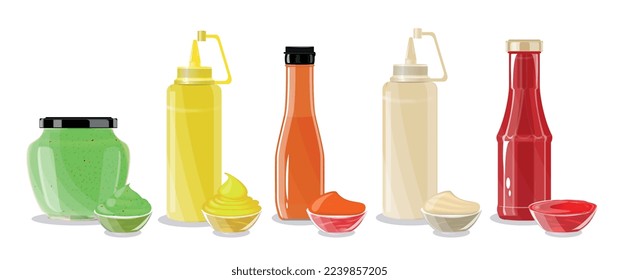 Sauces flat set with bottles and dishes of wasabi cheese ketchup mayonnaise chili isolated vector illustration