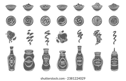 Sauces glyph icons set vector illustration. Stamp of glass jars and plastic bottles of various sauces, top and side views of ketchup and mayonnaise, mustard and wasabi in cups, BBQ and chili splashes