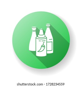 Sauces green flat design long shadow glyph icon. Ketchup in bottle. Condiment for barbecue cooking. Recipe ingredient. Meal dressings. Chili pepper gravy. Hot sauce. Silhouette RGB color illustration