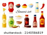 Sauces icon set. Soy, Wasabi, Mustard, Ketchup, Hot Chilli, Mayonnaise, Teriyaki. Sauces in plastic packaging, glass bottles  cup bowls. 3d realistic food vector illustration isolated on background