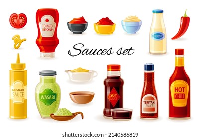 Sauces icon set. Soy, Wasabi, Mustard, Ketchup, Hot Chilli, Mayonnaise, Teriyaki. Sauces in plastic packaging, glass bottles  cup bowls. 3d realistic food vector illustration isolated on background