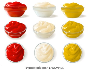 Un conjunto de salsas realistas en recipientes de vidrio con diferentes ángulos. Ketchup, mayonesa y mostaza. Ilustración del vector