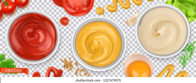 Salsas. Ketchup, mostaza, mayonesa. Conjunto 3d de vector realista