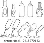 Sauces outline icons set vector illustration. Line hand drawing containers, bottles and splashes of tomato ketchup, mustard, mayonnaise and BBQ sauce for burger