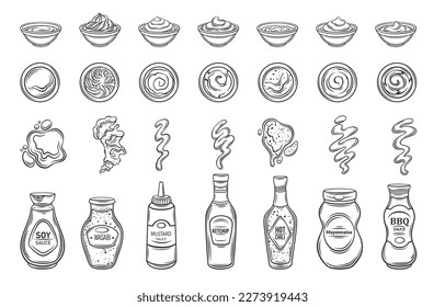 Sauces outline icons set vector illustration. Line hand drawing plastic or glass bottles, splashes and bowls with black soy, spicy chili and BBQ sauce, ketchup and mayonnaise, mustard and wasabi