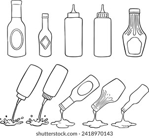 Sauces outline icons set vector illustration. Line hand drawing containers, bottles and splashes of tomato ketchup, mustard, mayonnaise and BBQ sauce for burger