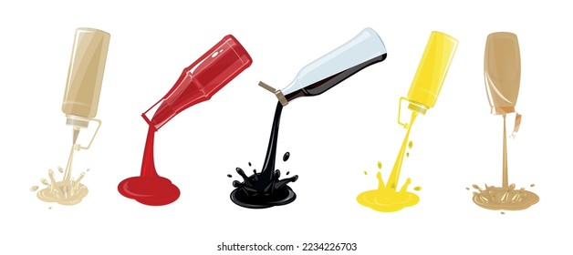 Sauces pouring from plastic and glass bottles flat set with soy cheese mayonnaise ketchup mustard isolated vector illustration