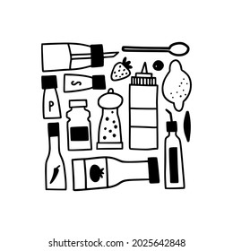 Sauces, seasoning, condiments set. Cute doodle bottles and jars with hot chili sauce, ketchup, pepper, salt, sugar, tabasco. Trendy simple print for kitchen or cafe.