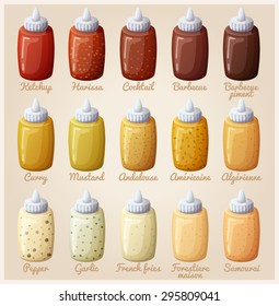 Sauces set. Ketchup, mustard, harissa, cocktail, barbecue, curry, andalouse, pepper, garlic. Vector icons