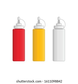 Sauces simple icons. Ketchup mayonnaise and mustard plastic  bottles isolated on white background. Condiment for sandwiches or hot dogs. Vector illustration in flat style. EPS 10.