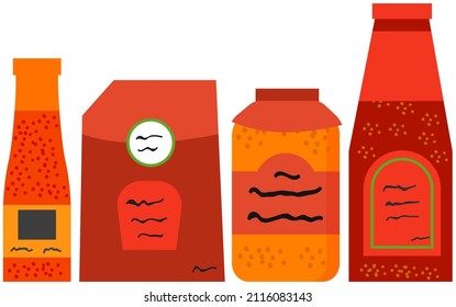 Sauces and spices, ketchup in bottles set. Ingredient used for flavoring, coloring or preserving food. Tomato sauces in plastic or glass containers. Spicy and mild liquids vector illustration