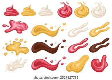 Sauces splash mega set elements in flat graphic design. Collection objects of ketchup, mustard and mayo liquid flowing and curve waving with drops and blobs, chocolate melting. Vector illustration.