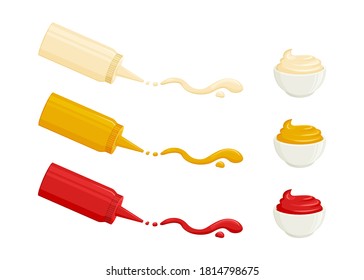 Sauces vector icons. Mayonnaise, mustard, tomato ketchup. Sauces in bottles and bowls. Various hot spice spilled strips, drops and spots. Food illustration