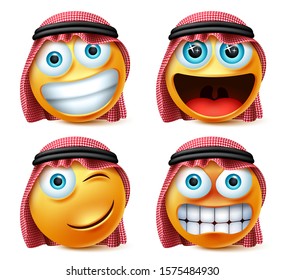 Saudi arab emojis vector set. Saudi arab emoticon or emoji face in excited, angry and naughty expression wearing agal and ghutra isolated in white background. Vector illustration.