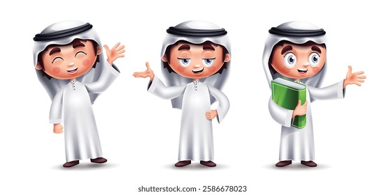 Saudi Arab kids characters vector set design. Arab kids character standing collection with happy and sad facial expression for cute Arabian boy elements background. Vector Illustration.
