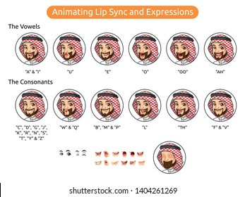 Saudi arab man cartoon character design for animating lip sync and expressions, vector illustration.