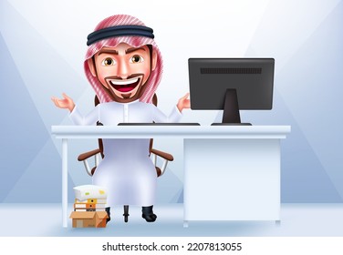 Saudi arab man character vector design. Arabian handsome manager sitting and working with happy and friendly facial expression. Vector Illustration.
