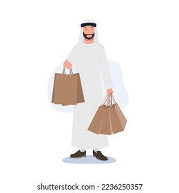 Saudi Arab Man Character Wearing Traditional Clothes Holding Shopping Bags in both hands. Flat vector cartoon character illustration.