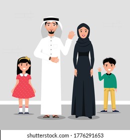 Saudi Arab man family vector. Father and mother with  daughters boy and girl illustration 