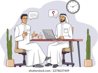 Saudi Arab man interviewing a young guy. Business meeting. Job search. Hiring agency. Flat style vector illustration. Editable strokes.