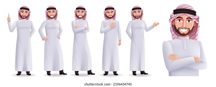 Saudi arab man vector character set. Business characters isolated in white background in standing pose and gestures for arabian people design collection. Vector illustration.
