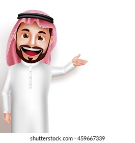 Saudi arab man vector character wearing thobe happy showing empty white space for message and text. Vector illustration.
