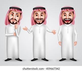 Saudi arab man vector character set wearing thobe and gutra with different friendly gesture like thinking, speaking and presenting. Vector illustration.
