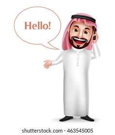 Saudi Arab Man Vector Character Holding Mobile Phone Calling With Hello Speech Bubbles Isolated In White Background. Vector Illustration.
