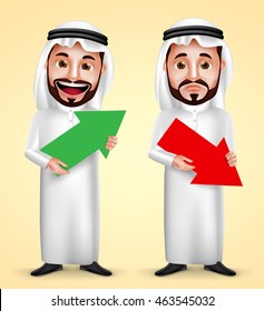 Saudi arab man vector character wearing white traditional dress with facial expressions holding up and down arrow for business finance graph. Vector illustration.
